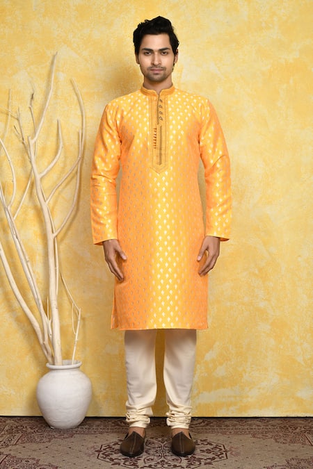 Buy_Arihant Rai Sinha_Yellow Silk Diamond Woven Kurta And Churidar Set _Online_at_Aza_Fashions