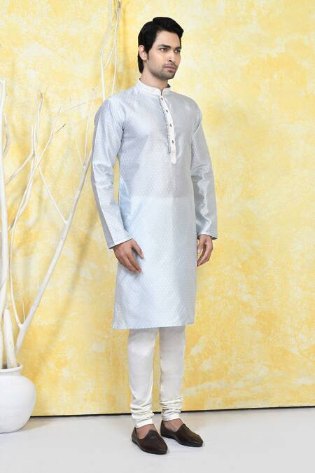 Arihant Rai Sinha_Grey Silk, Acrylic Embroidery Quad Crest Motif Resham Woven Kurta Set _at_Aza_Fashions