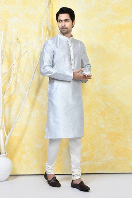 Buy_Arihant Rai Sinha_Grey Silk, Acrylic Embroidery Quad Crest Motif Resham Woven Kurta Set 