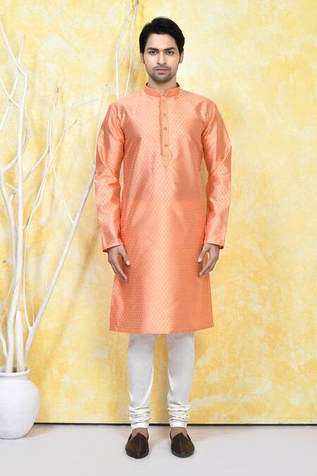 Shop_Arihant Rai Sinha_Orange , Satin Embroidery Crest Bloom Motif Resham Woven Kurta Set _Online_at_Aza_Fashions