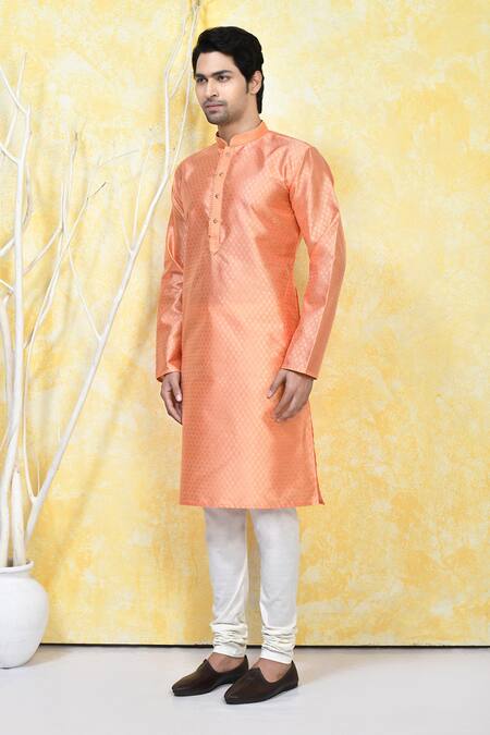 Arihant Rai Sinha_Orange , Satin Embroidery Crest Bloom Motif Resham Woven Kurta Set _at_Aza_Fashions