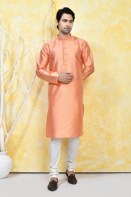 Buy_Arihant Rai Sinha_Orange , Satin Embroidery Crest Bloom Motif Resham Woven Kurta Set 