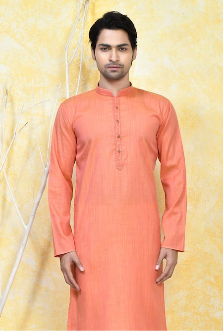 Buy_Arihant Rai Sinha_Orange Cotton, Silk Solid Kurta Set_Online_at_Aza_Fashions