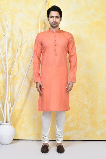 Shop_Arihant Rai Sinha_Orange Cotton, Silk Solid Kurta Set_Online_at_Aza_Fashions