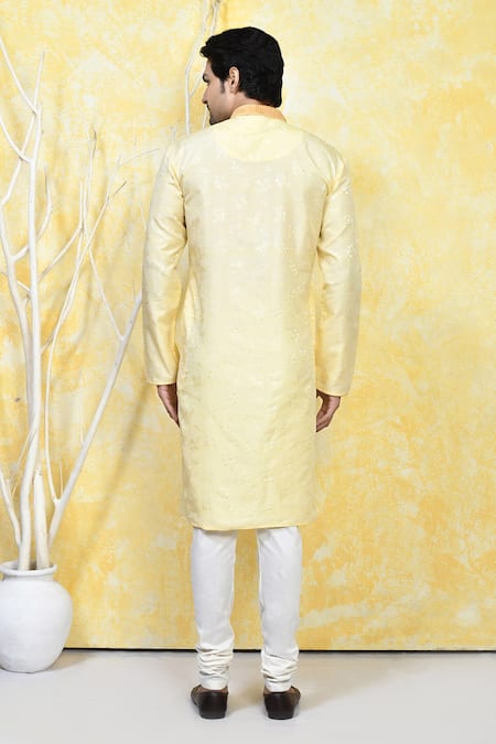 Shop_Arihant Rai Sinha_Gold Silk Embroidery Resham Floral Spring Woven Kurta Set _at_Aza_Fashions