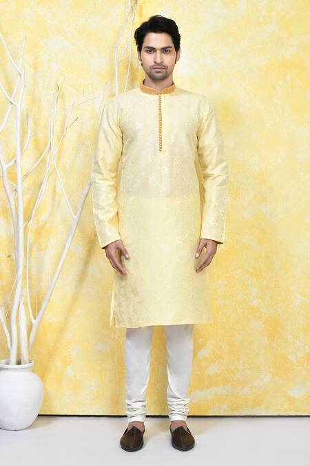 Shop_Arihant Rai Sinha_Gold Silk Embroidery Resham Floral Spring Woven Kurta Set _Online_at_Aza_Fashions
