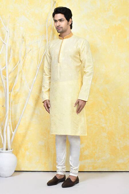 Arihant Rai Sinha_Gold Silk Embroidery Resham Floral Spring Woven Kurta Set _at_Aza_Fashions