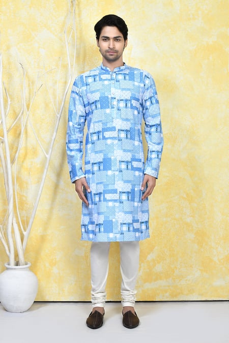Shop_Arihant Rai Sinha_Blue Cotton Mix And Match Print Kurta Set_Online_at_Aza_Fashions