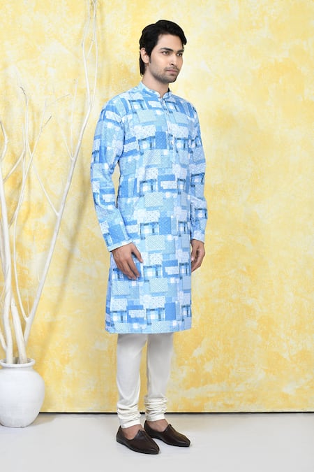 Arihant Rai Sinha_Blue Cotton Mix And Match Print Kurta Set_at_Aza_Fashions