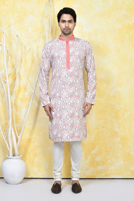 Shop_Arihant Rai Sinha_Orange Cotton Mahal Jaal Print Kurta Set _Online_at_Aza_Fashions