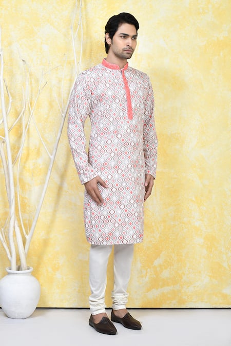 Arihant Rai Sinha_Orange Cotton Mahal Jaal Print Kurta Set _at_Aza_Fashions
