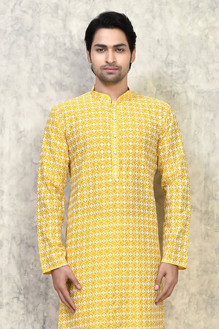 Shop_Arihant Rai Sinha_Yellow Cotton Embroidery Florence Circlet Resham Kurta Set _Online_at_Aza_Fashions
