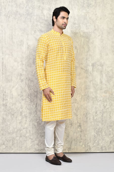 Arihant Rai Sinha_Yellow Cotton Embroidery Florence Circlet Resham Kurta Set _at_Aza_Fashions