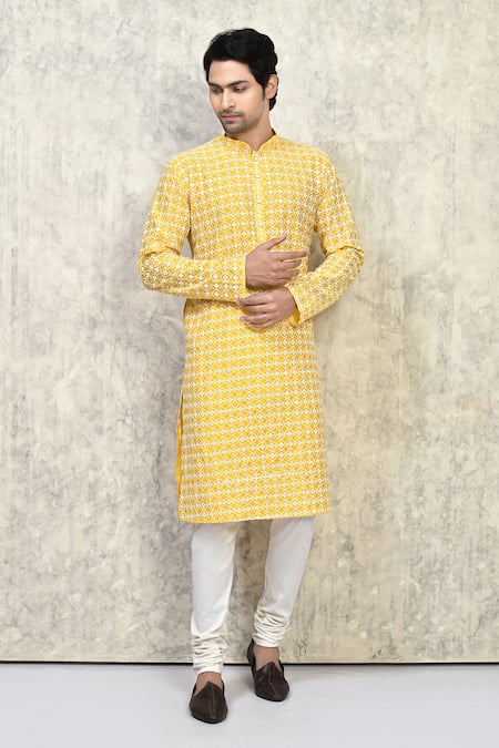 Buy_Arihant Rai Sinha_Yellow Cotton Embroidery Florence Circlet Resham Kurta Set 