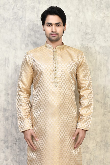 Shop_Arihant Rai Sinha_Gold Silk Embroidery Floret Motif Resham Woven Kurta Set_Online_at_Aza_Fashions