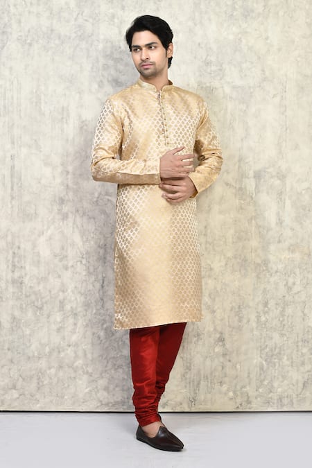 Arihant Rai Sinha_Gold Silk Embroidery Floret Motif Resham Woven Kurta Set_at_Aza_Fashions