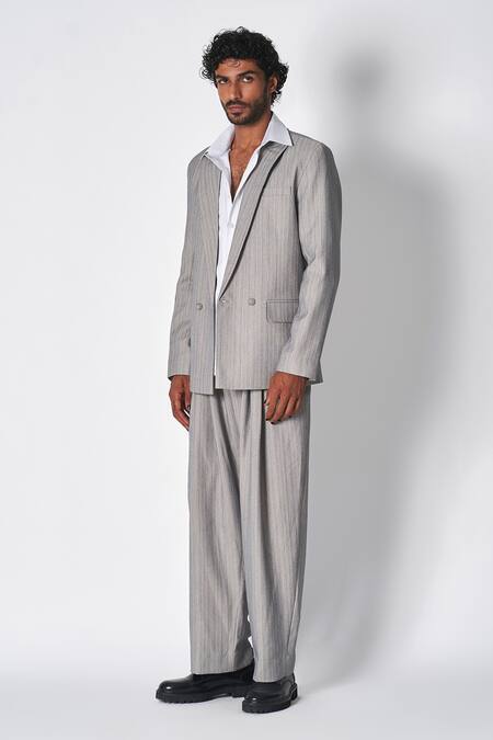 Buy 431-88 By Shweta Kapur Grey Satin Stripe Pattern Blazer Online at Aza Fashions Buy_431-88 By Shweta Kapur_Grey Satin Stripe Pattern Blazer _Online_at_Aza_Fashions