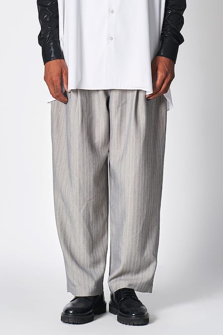 Buy_431-88 By Shweta Kapur_Grey Cass Pleated Striped Pant _Online_at_Aza_Fashions