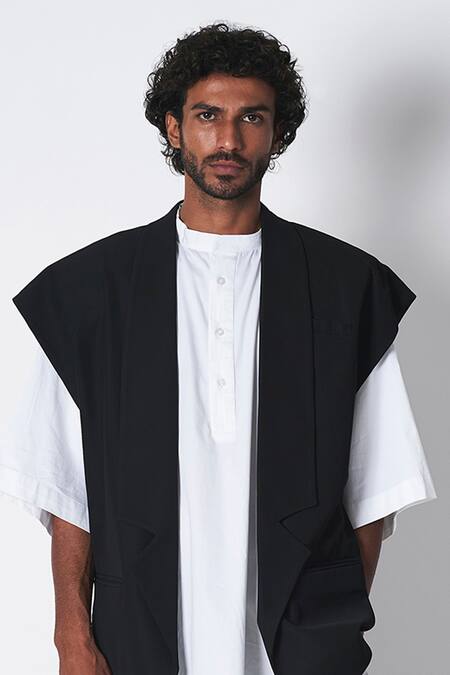 431-88 By Shweta Kapur_Black Microfiber Finn Tailored Sleeveless Blazer _Online_at_Aza_Fashions