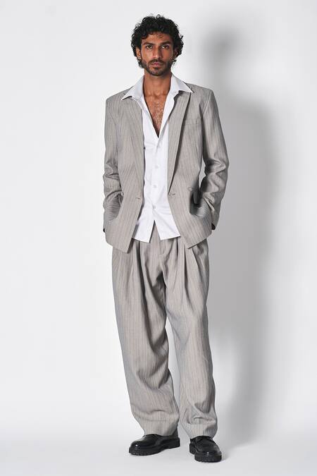 431-88 By Shweta Kapur Grey Wool Stripe Pattern Front Pleated Mil Pant Online at Aza Fashions 431-88 By Shweta Kapur_Grey Wool Stripe Pattern Front Pleated Mil Pant _Online_at_Aza_Fashions