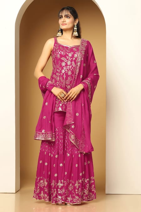 Meenagurnam Sequin Bahar Embroidered Kurta Sharara Set 