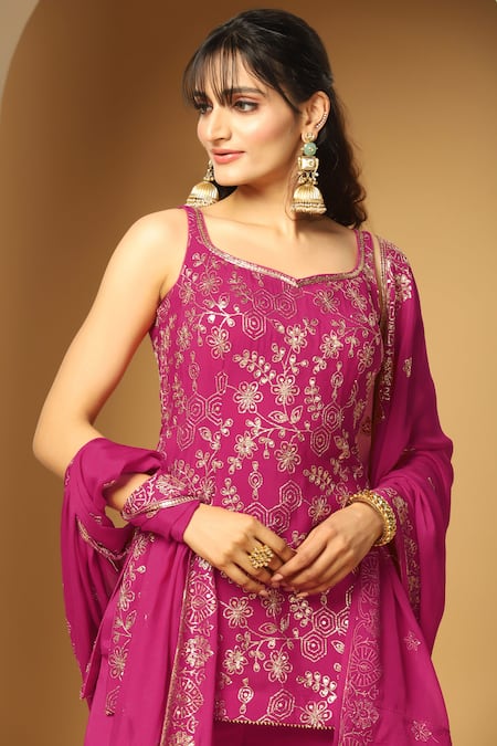 Shop_Meenagurnam_Pink Chiffon Sequins, Embroidery Polo Collar Bahar Kurta Sharara Set _Online_at_Aza_Fashions