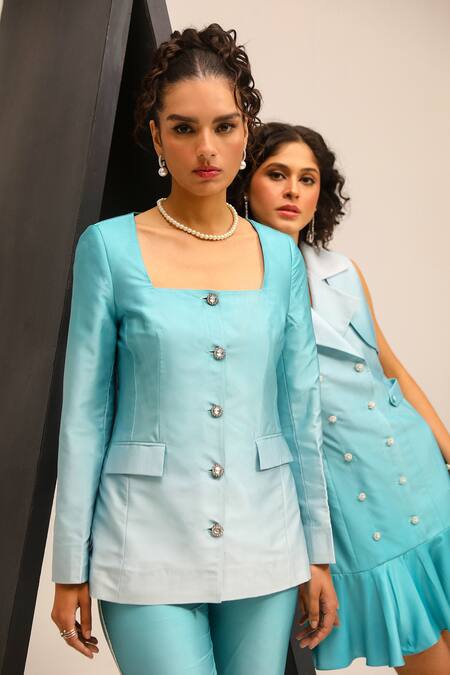 Buy_Label Deepika Nagpal_Blue Brocade, Satin Stones Brook Blazer With Pant_Online_at_Aza_Fashions
