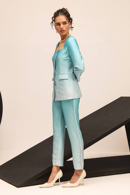 Shop_Label Deepika Nagpal_Blue Brocade, Satin Stones Brook Blazer With Pant_Online_at_Aza_Fashions