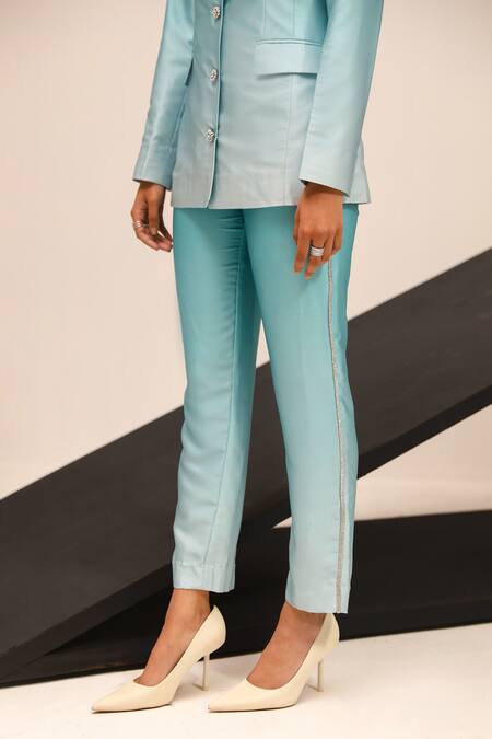 Label Deepika Nagpal_Blue Brocade, Satin Stones Brook Blazer With Pant_at_Aza_Fashions