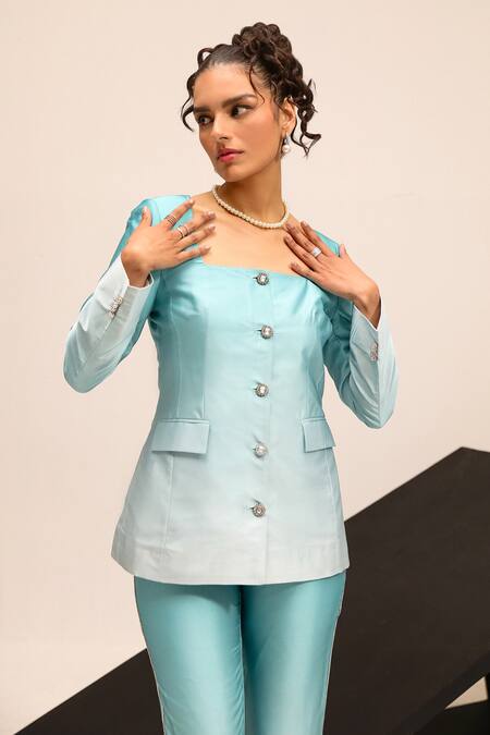 Buy_Label Deepika Nagpal_Blue Brocade, Satin Stones Brook Blazer With Pant