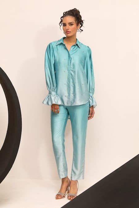 Label Deepika Nagpal Blue Brushed Satin Hand Embroidery Crystals Demi Shirt With Pant 
