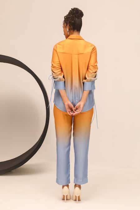 Shop Label Deepika Nagpal Yellow Crystals Collared Hand Embroidered Color Block Shirt And Trouser at Aza Fashions Shop_Label Deepika Nagpal_Yellow Crystals Collared Hand Embroidered Color Block Shirt And Trouser_at_Aza_Fashions