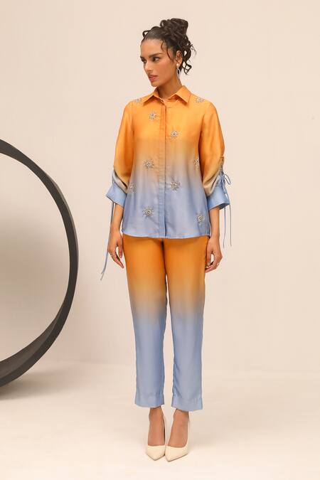 Label Deepika Nagpal Yellow Crystals Collared Hand Embroidered Color Block Shirt And Trouser Online at Aza Fashions Label Deepika Nagpal_Yellow Crystals Collared Hand Embroidered Color Block Shirt And Trouser_Online_at_Aza_Fashions