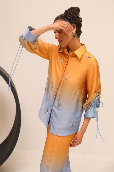 Shop Label Deepika Nagpal Yellow Crystals Collared Hand Embroidered Color Block Shirt And Trouser Online at Aza Fashions Shop_Label Deepika Nagpal_Yellow Crystals Collared Hand Embroidered Color Block Shirt And Trouser_Online_at_Aza_Fashions
