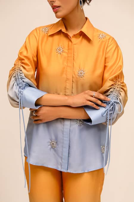 Label Deepika Nagpal Yellow Crystals Collared Hand Embroidered Color Block Shirt And Trouser at Aza Fashions Label Deepika Nagpal_Yellow Crystals Collared Hand Embroidered Color Block Shirt And Trouser_at_Aza_Fashions
