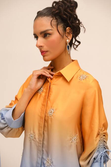 Buy Label Deepika Nagpal Yellow Crystals Collared Hand Embroidered Color Block Shirt And Trouser Buy_Label Deepika Nagpal_Yellow Crystals Collared Hand Embroidered Color Block Shirt And Trouser