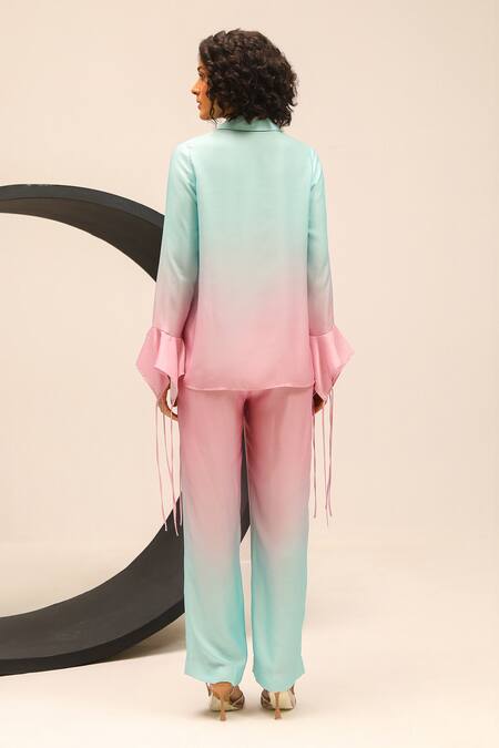 Shop Label Deepika Nagpal Green Satin Crystals, Embroidery Collared Cory Hand Shirt With Trouser at Aza Fashions Shop_Label Deepika Nagpal_Green Satin Crystals, Embroidery Collared Cory Hand Shirt With Trouser_at_Aza_Fashions