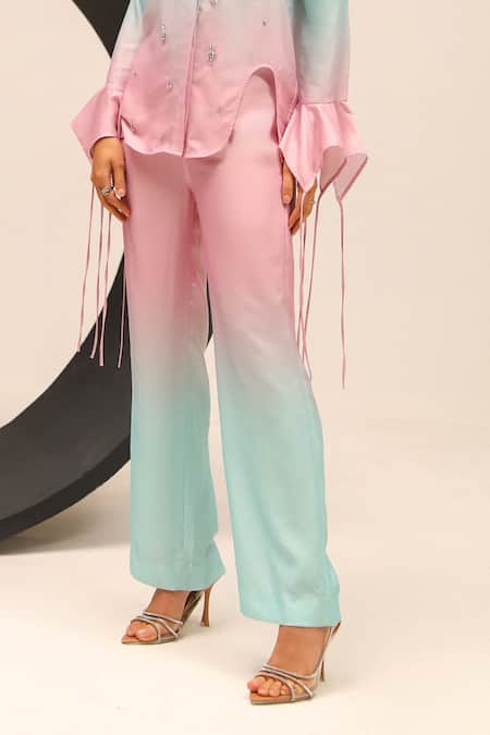 Label Deepika Nagpal Green Satin Crystals, Embroidery Collared Cory Hand Shirt With Trouser Online at Aza Fashions Label Deepika Nagpal_Green Satin Crystals, Embroidery Collared Cory Hand Shirt With Trouser_Online_at_Aza_Fashions