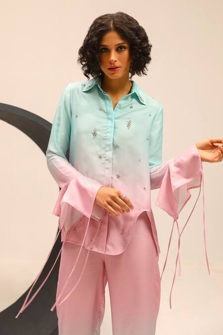 Buy Label Deepika Nagpal Green Satin Crystals, Embroidery Collared Cory Hand Shirt With Trouser Online at Aza Fashions Buy_Label Deepika Nagpal_Green Satin Crystals, Embroidery Collared Cory Hand Shirt With Trouser_Online_at_Aza_Fashions