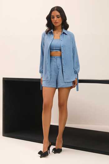 Buy Label Deepika Nagpal Blue Crystals Collared Lily Full Sleeve Hand Embroidered Shirt And Shorts Set Online at Aza Fashions Buy_Label Deepika Nagpal_Blue Crystals Collared Lily Full Sleeve Hand Embroidered Shirt And Shorts Set_Online_at_Aza_Fashions