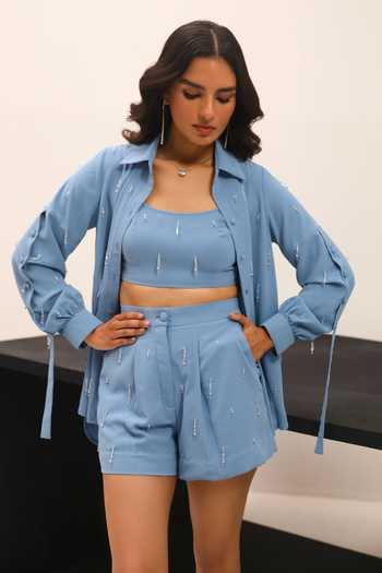 Shop Label Deepika Nagpal Blue Crystals Collared Lily Full Sleeve Hand Embroidered Shirt And Shorts Set Online at Aza Fashions Shop_Label Deepika Nagpal_Blue Crystals Collared Lily Full Sleeve Hand Embroidered Shirt And Shorts Set_Online_at_Aza_Fashions