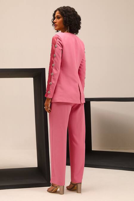 Shop Label Deepika Nagpal Pink Taffeta, Twill, Cotton Elsa Hand Embroidered Sleeve Blazer And Trouser Set at Aza Fashions Shop_Label Deepika Nagpal_Pink Taffeta, Twill, Cotton Elsa Hand Embroidered Sleeve Blazer And Trouser Set_at_Aza_Fashions