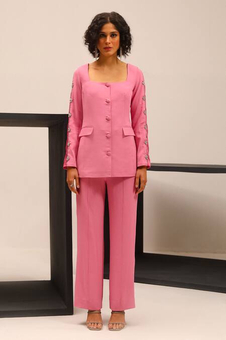 Label Deepika Nagpal Pink Taffeta, Twill, Cotton Elsa Hand Embroidered Sleeve Blazer And Trouser Set Online at Aza Fashions Label Deepika Nagpal_Pink Taffeta, Twill, Cotton Elsa Hand Embroidered Sleeve Blazer And Trouser Set_Online_at_Aza_Fashions