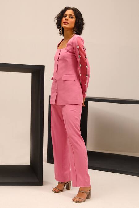 Shop Label Deepika Nagpal Pink Taffeta, Twill, Cotton Elsa Hand Embroidered Sleeve Blazer And Trouser Set Online at Aza Fashions Shop_Label Deepika Nagpal_Pink Taffeta, Twill, Cotton Elsa Hand Embroidered Sleeve Blazer And Trouser Set_Online_at_Aza_Fashions