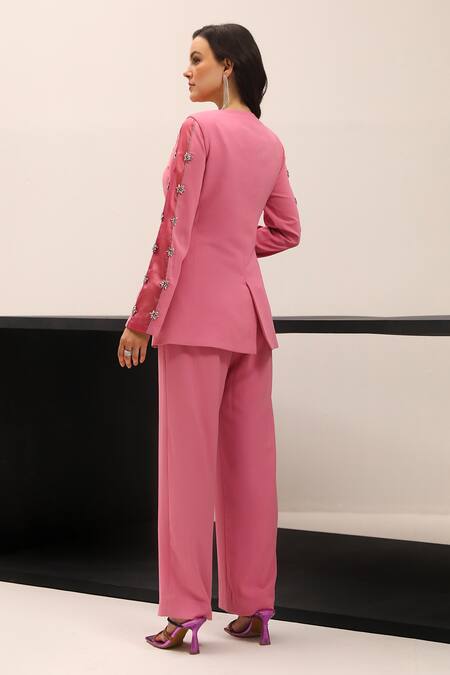 Label Deepika Nagpal Pink Taffeta, Twill, Cotton Elsa Hand Embroidered Sleeve Blazer And Trouser Set at Aza Fashions Label Deepika Nagpal_Pink Taffeta, Twill, Cotton Elsa Hand Embroidered Sleeve Blazer And Trouser Set_at_Aza_Fashions