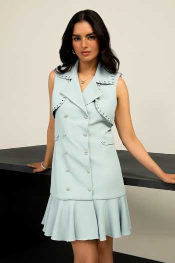 Buy_Label Deepika Nagpal_Blue Taffeta, Twill Collared Ava Tuxedo Dress_Online_at_Aza_Fashions
