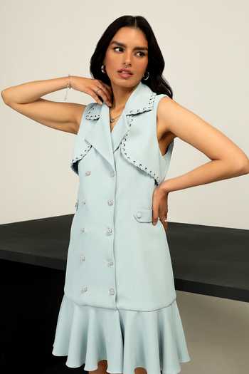 Shop_Label Deepika Nagpal_Blue Taffeta, Twill Collared Ava Tuxedo Dress_Online_at_Aza_Fashions