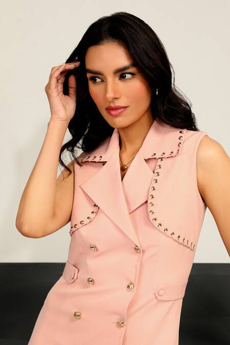 Label Deepika Nagpal_Peach Crepe, Taffeta Collared Ava Tuxedo Sleeveless Dress_at_Aza_Fashions