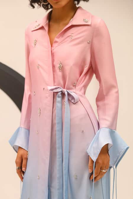 Label Deepika Nagpal_Blue Satin Crystals Collared Donna Ombre Dress _Online_at_Aza_Fashions