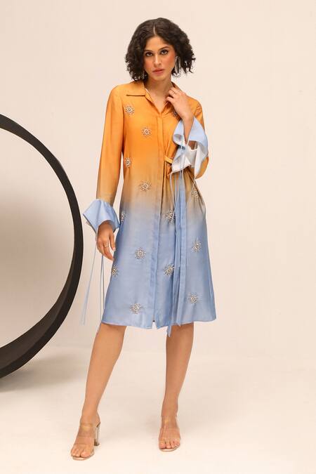 Label Deepika Nagpal Yellow Satin Crystals Collared Donna Hand Embroidered Dress Online at Aza Fashions Label Deepika Nagpal_Yellow Satin Crystals Collared Donna Hand Embroidered Dress_Online_at_Aza_Fashions